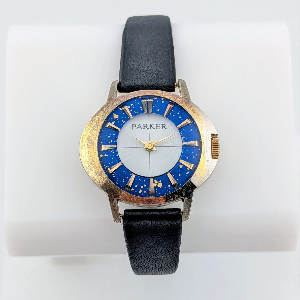 Vintage Parker Swiss Made Manual Wind Mid Century Blue Gold Fleck Watch 31mm